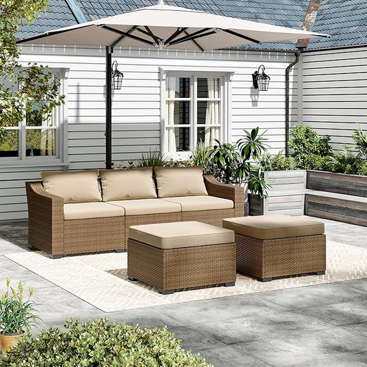 LHBcraft Patio Conversation Set Rattan Outdoor Sectional Furniture Sofa Set Wicker Couch with Coffee Table and Cushions for Poolside, Backyard (Yellow-Beige, 5-PCS)