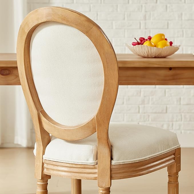 Nrizc French Country Dining Chairs Set of 4, Farmhouse Fabric Chairs with Round Back, Solid Wood Legs, Oval Side Chairs for Kitchen/Bedroom/Dining Room