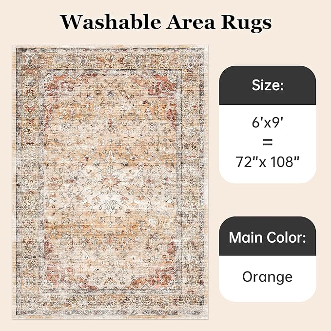 Boho Area Rugs 6x9 Machine Washable Living Room Rug Non Slip with Rubber Backing Soft Faux Fur Low Pile Stain Resistant Vintage Floral Carpet Rugs for Bedroom Dining Room Kids Room Office,Orange
