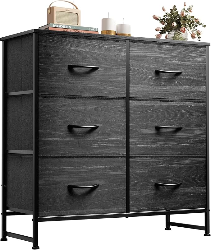WLIVE Black Dresser for Bedroom, 6 Drawer Double Dresser, Fabric Storage Tower with Fabric Bins, Chest of Drawers for Closet, Living Room, Hallway