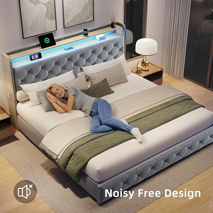 BRELTAM King Size Bed Frame with 4 Storaged Drawers,Upholstered Velvet Tufed Bed Frame with LED Light and Charging Station,Platform Bed Frame with Headboard Heavy Duty Wood Slats,Bluish Grey