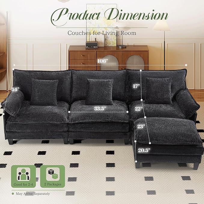 Comfy Chenille Cloud Couch with Movable Ottoman, Modular Sectional Sofa, 106" L Shaped Modern Sofa with Pillows, Deep Seat Couches for Living Room, Bedroom and Apartment, Black
