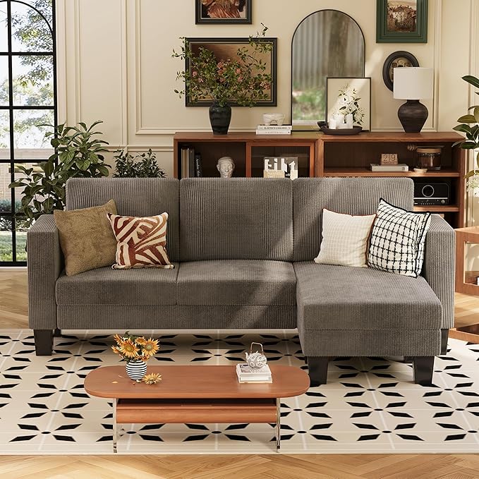 VICTONE Convertible Sectional Sofa Couch, 3 Seat L-Shaped Sofa with Linen Fabric Ottoman Small Couch for Small Apartments, Living Room and Office (Corduroy, Gray)