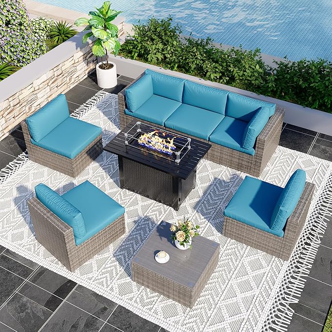8 Pieces Outdoor Patio Furniture Set with 43" Fire Pit Table, Wicker Outdoor Patio Sectional Sofas with Cushions and Coffee Table, All-Weather Patio Conversation Set for Garden Backyard, Light Blue