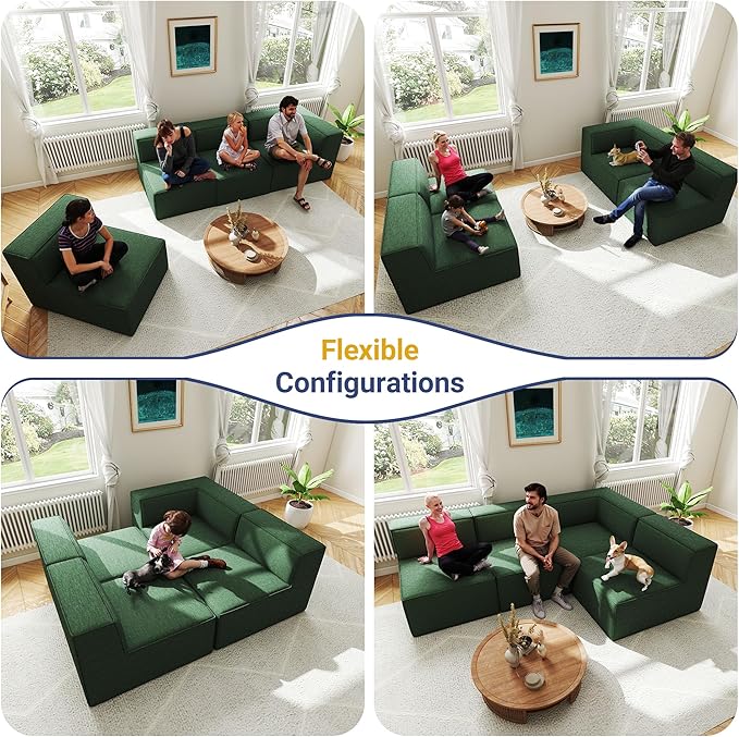 97" Sectional Compressed Sofa Modular Couches,High-Density Foam No Assembly Required,3-Piece(1xCorner 3xArmless) for Living Room, Chenille Green