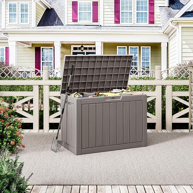 Outdoor Storage Box, Resin Deck Boxes Indoor and outdoor, Waterproof Storage Box Lockable Lid (Grey, 45 Gallon)