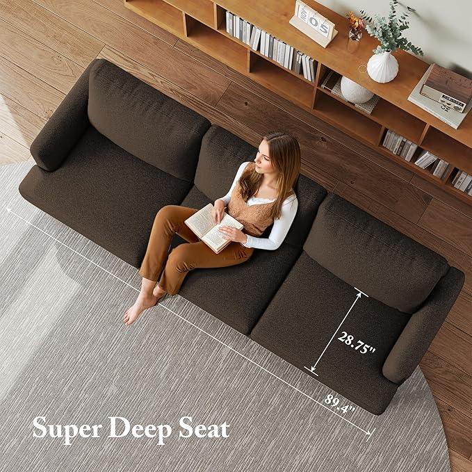 3 Seater Sofa Couch with Deep Seats, 89" Mid Century Modern Upholstered Sofa with Armrests, Comfy Couches for Living Room, Bedroom, Apartment and Office (Brown)