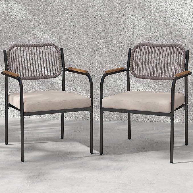 Outdoor Dining Chairs Set of 2, Wicker Patio Dining Chairs with Removable Cushions, Rectangle Patio Table Chair, All Weather Outdoor Chairs, Metal Lawn Chair for Adults/Indoor/Deck, Beige