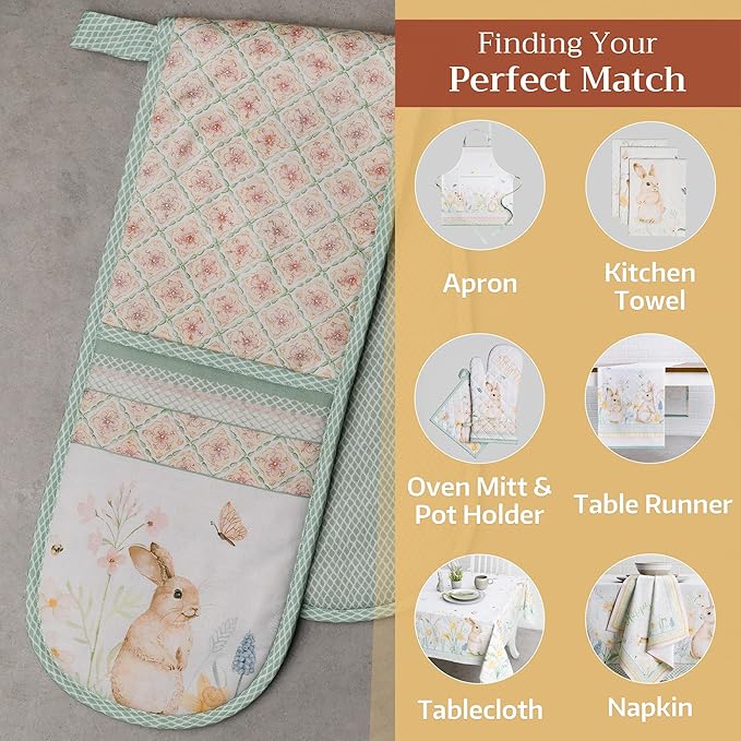 Maison d' Hermine Double Oven Mitts 100% Cotton 7"x35" Double Oven Mitt Heat Resistant BBQ Cooking Gloves with Loop, Baking, Grilling, Home, Kitchen, Handling Hot Pans Spring Summer (Easter Dew)