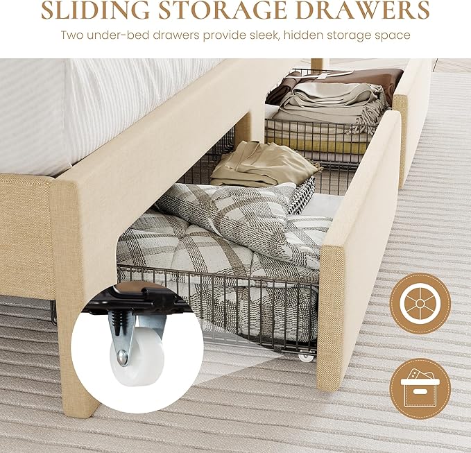 SHA CERLIN King Size Platform Bed Frame with Vertical Channel Tufted Wingback Headboard & 2 Storage Drawers/2-Tier Shelves with LED Lights & Charging Station/Noise-Free/No Box Spring Needed/Beige