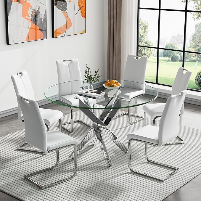 Goujxcy Round Dining Table Set for 6, Modern Glass Kitchen Table and Chairs Set of 6, 7 Piece Dining Room Table Set with 47" Circle Silver Metal Glass Dinner Table and 6 White Leather Dining Chairs