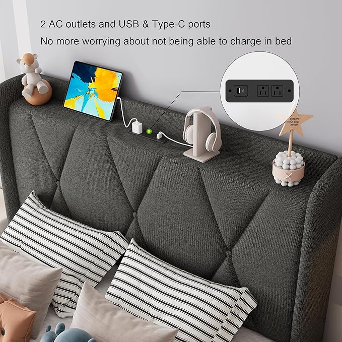 Feonase Twin Bed Frame with 3 Storage Drawers, Upholstered Platform Bed with Charging Station, Wingback Storage Headboard, Heavy Duty Wooden Slats, No Box Spring Needed, Easy Assembly, Dark Grey