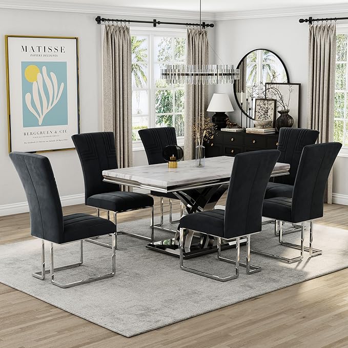 AUZ Dining Chairs Set of 10, Black and Silver Dining Chair with Velvet Upholstery and Mirrored Silver Sled Legs