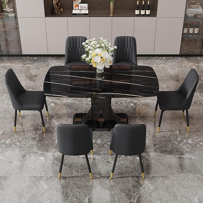 Modern Dining Table Set for 6, Marble Kitchen Table Chair Set for 6, Rectangular Kitchen Table with 6 Pu Leather Upholstered Chair for Dining Room (Black Table with 6 Black Chairs)