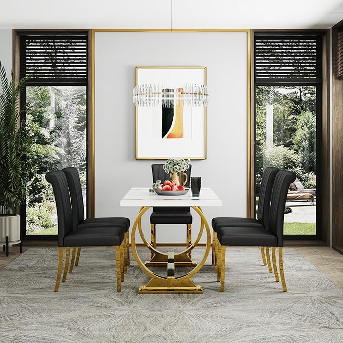 ACEDÉCOR 60" White and Gold Dining Table for 4-6, Modern Rectangular Lacquer Top and Polished Stainless Steel U Shaped Base