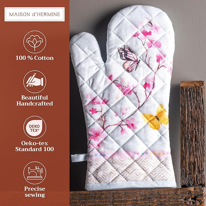Maison d' Hermine Oven Gloves 100% Cotton Oven Mitt 7" x 13" with Loop Heat Resistant, BBQ, Cooking Gloves, Baking, Grilling, Kitchen, Handling Hot Pans Spring/Summer (Pack of 1, Blossoms in Spring)