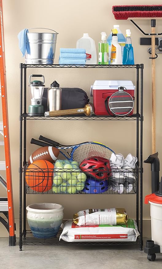 Whitmor 4 Tier Shelving Unit, Metal Storage Shelves with Basket, Adjustable Heavy Duty Shelf, 400 lbs Capacity per Shelf, 1600 lbs Total for Pantry, Garage, Workshop, 36" L x 14" W x 54" H, Black