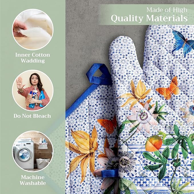 Maison d' Hermine 100% Cotton Oven Mitt & Pot Holder Set (7.5"x13" & 8"x8") Heat Resistant BBQ Cooking Gloves with Loop, Baking, Grilling, Kitchen, Handling Hot Pans Spring/Summer (Passiflora)