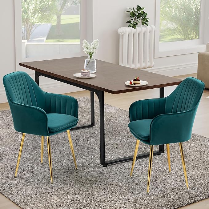 ECOTOUGE Matte Velvet Dining Chairs Set of 2, Modern Arm Chair with Golden Metal Legs, Living Room Accent Chairs for Kitchen, Emerald Green