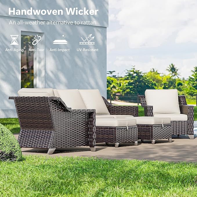 Wicker Patio Chairs Set of 2, Luxury Rattan Patio Furniture with Wide Armrest, Thickened Cushions, Outdoor Chairs for Deck, Porch Use