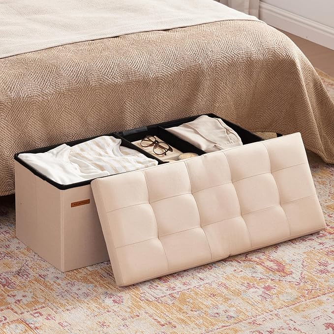 HAUSFRAU 31.5 Inches Ottoman with Storage, Folding Ottoman Small Foot Rest Stool Bedroom Bench with Flipping Lid, Linen Beige