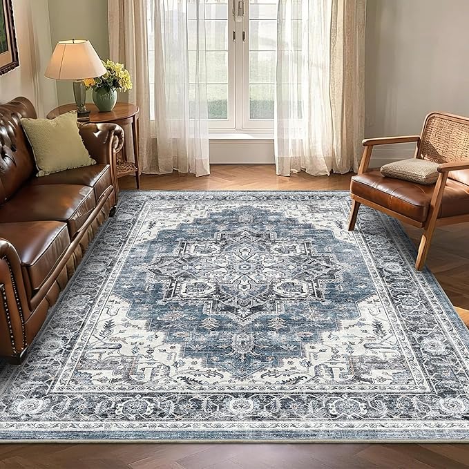 5x7 Area Rugs for Living Room Ultra-Soft Washable Rug Vintage Distressed Boho Area Rug, Non-Slip Retro Print Low Pile Stain Resistant Carpet for Bedroom Dining Room Kitchen Office