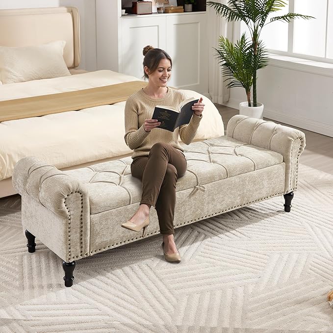 Storage Bed Bench for Bedroom, Chenille 67" End of Bed King Size Benches with Armrest, Tufted Button Upholstered Ottoman Bench for Living Room, Entryway, Khaki