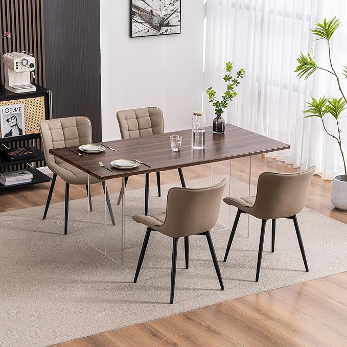 YOUTASTE Khaki Dining Chairs Set of 2, Comfy Faux Leather Upholstered Kitchen Chairs with Black Metal Legs, Mid-Century Modern Design, Accent Chair for Dining Room, Bedroom, Reception