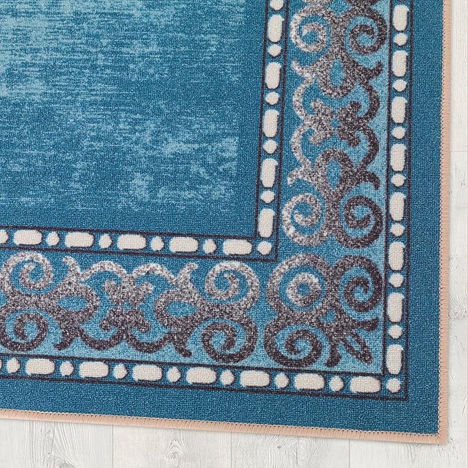 Antep Rugs Alfombras Bordered Modern 3x5 Non-Slip (Non-Skid) Low Pile Rubber Backing Indoor Area Rug (Turquoise Blue, 3' x 5')