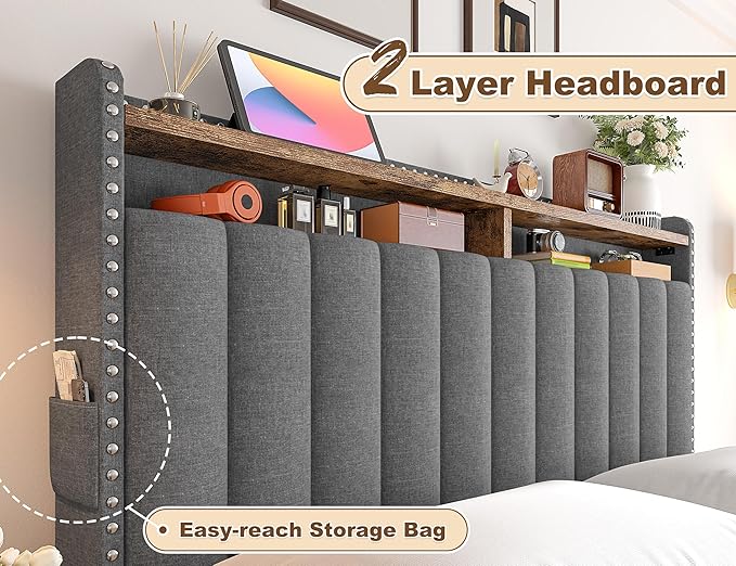 EnHomee Full Size Bed Frame, Upholstered Full Bed Frame with 3 Storage Drawers & 2-Tier Headboard Shelves, 900LBS Heavy Duty, No Box Spring Needed, Easy Assembly, Grey