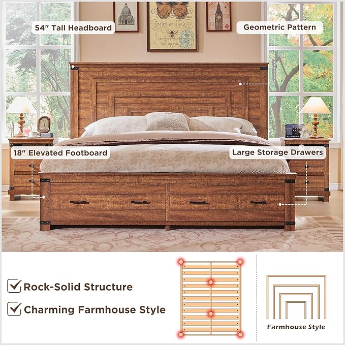 RedLemon Farmhouse Queen Size Bed Frame w/ 54" Tall Geometric Headboard, Rustic Wood Platform Bed w/ 2 Large Storage Drawers, Wood Slats Support, Noise Free, No Box Spring Needed, Reclaimed Barnwood