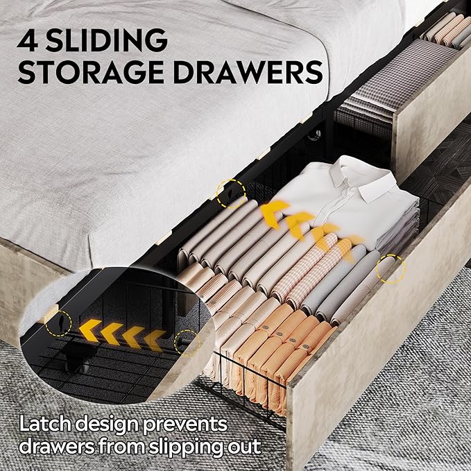 WLIVE King Size Upholstered Bed Frame with 4 Drawers and Velvet Square Tufted Headboard, Sturdy Metal & Wooden Slats Support, No Box Spring Needed, Easy Assembly, Beige