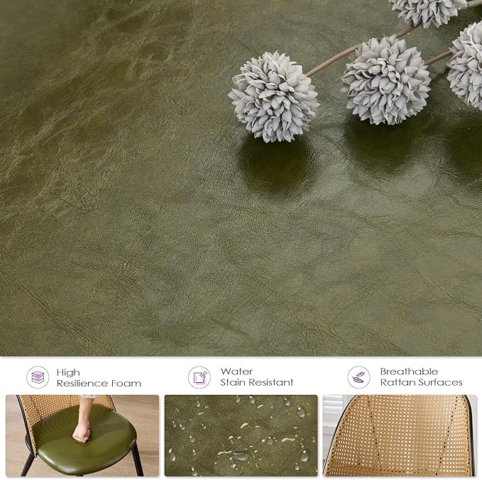 TYBOATLE Rattan Dinner Chairs Set of 4 with Faux Leather Cushion, Modern Dining Room Chairs w/Adjustable Foot Pads, Kitchen Boho Mid Century Upholstered, Green