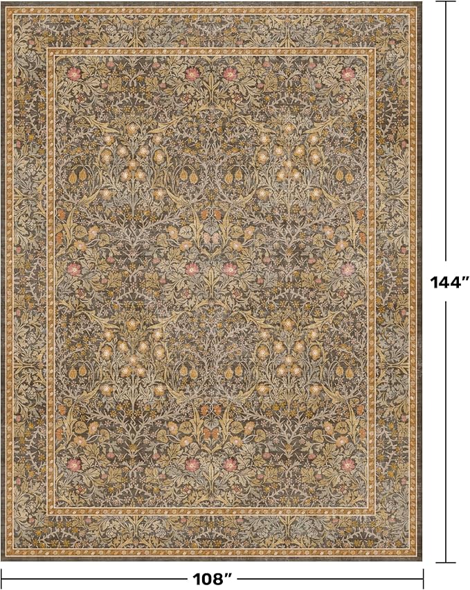 Washable 9x12 Living Room Rug - Gold Brown Floral Area Rug for Dining Room Under Table, Low Pile Non-Slip Floor Carpet for Bedroom Under Bed - Vintage Taupe Design & Stain Resistance