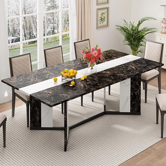 71 inch Dining Table for 4 5 6 | Modern Black Rectangular Kitchen Table W/Waterproof Wood Tabletop,Farmhouse Long Dining Room Tables W/Adjustable Legs&Wood Strip Base for Kitchen Living Room