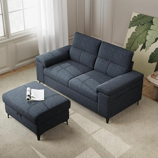 71.25" L Shaped Sectional Couches for Living Room, Deep Seat Sofa with Big Storage Ottoman & 8”Cushion, Comfy 2-Seater Chenille Loveseat, Convertible Armrest, Removable Cover for Small Space(Blue)