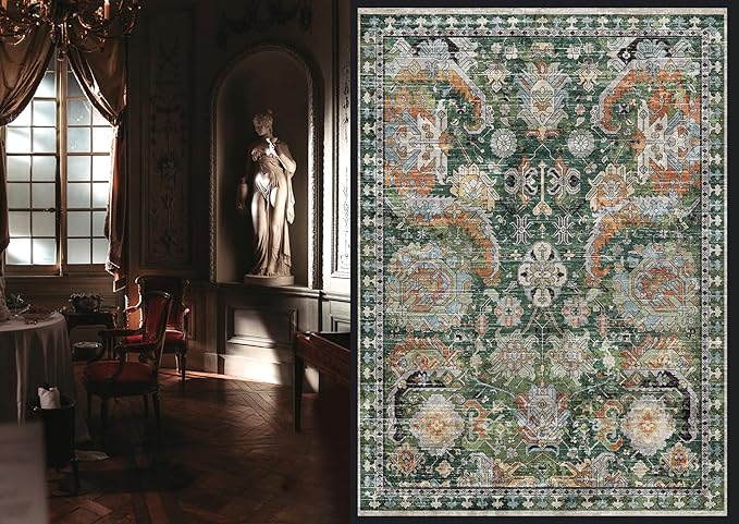 RUGSURE Washable Area Rugs - Perfect for Living Room, Bedroom, Kids Room, Nursery - Stain & Water Resistant Non-Slip, Pet & Child Friendly, Vintage Tribal Area Rugs (Green, 8' x 10')