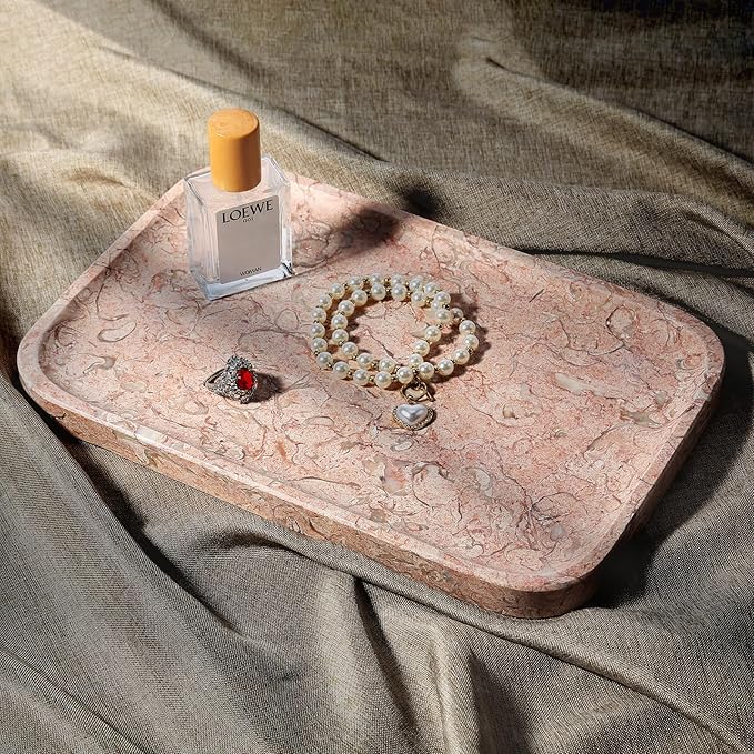 Koville Marble Tray, 12"x8" Natural Marble Vanity Tray for Countertop Bathroom Kitchen Dresser, Decorative Catchall Trays for Perfume Jewelry, Rectangular Stone Serving Tray(Pink)