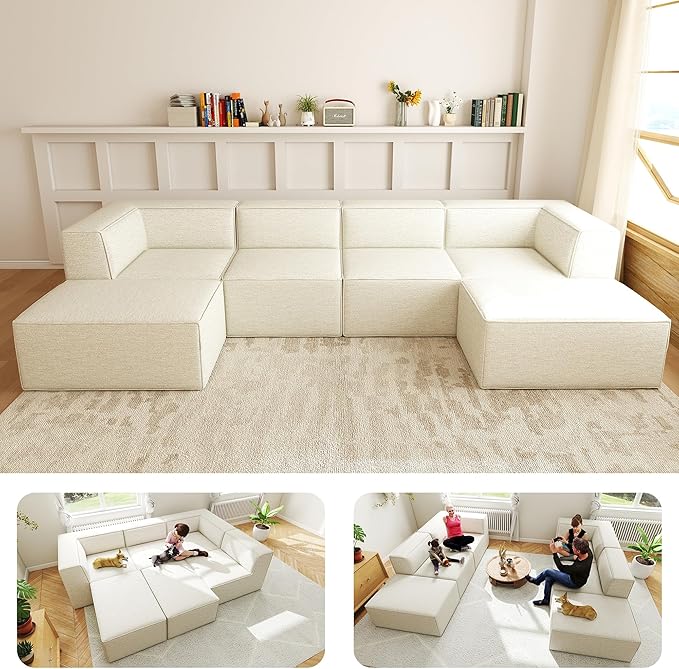 136" 6-Piece Sectional Sofa Modular Couches,L-U-Shaped with Chaise,for Living Room,Compressed Foam No Assembly,for Living Room (2xArmless Corner Ottoman) Fabric Chenille Beige