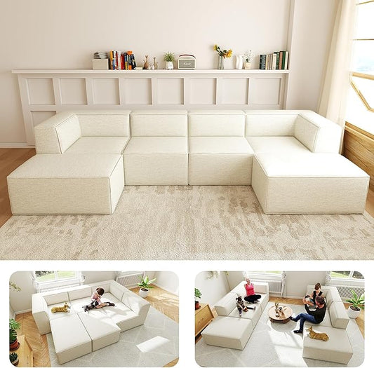 136" 6-Piece Sectional Sofa Modular Couches,L-U-Shaped with Chaise,for Living Room,Compressed Foam No Assembly,for Living Room (2xArmless Corner Ottoman) Fabric Chenille Beige