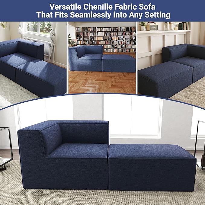 76" Sectional Compressed Sofa Modular Couches,High-Density Foam No Assembly Required, 2-Piece(1x Corner 1x Ottoman) for Living Room, Chenille Blue