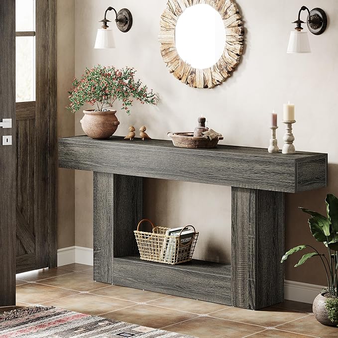 Tribesigns 63" Console Table, Farmhouse 2-Tier Entryway Table with U-Shaped Base, Narrow Long Wood Sofa Table Behind Couch Table for Living Room, Hallway, Foyer, Dark Gray