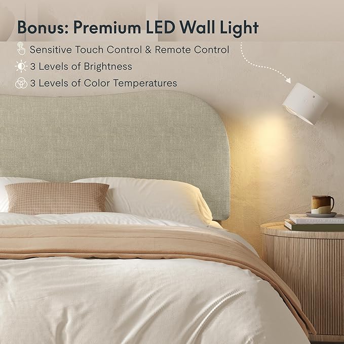 FlexiSpot Queen Size Linen Bed Frame, Upholstered Cloud Platform Bed with Adjustable Headboard, Plush Padding, Solid Wood Legs, Bonus LED Wall Light Included, No Box Spring Needed, Easy Assembly, Sage