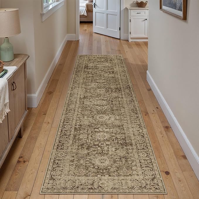 Brown 2x8 Runner Rug Hallway Non Slip Kitchen Vintage Distressed Long Carpet Indoor Machine Washable Traditional Floral Bedroom Accent Throw Rug for Office Laundry Bathroom Dining Living Room
