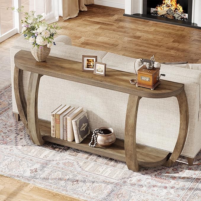 Tribesigns Farmhouse Wooden Console Table with Open Shelf, 63-Inch Long Sofa Entryway Table with Curved Legs for Living Room, Hallway, Entrance