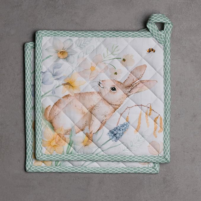 Maison d' Hermine Pot Holders Set 100% Cotton Heat Resistant Potholders 8" x 8" Hot Pads with Loop BBQ, Cooking, Baking, Grilling, Kitchen, Handling Hot Pans Spring/Summer (Pack of 2, Easter Dew)