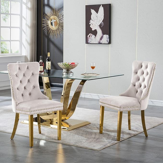 70" Modern Gold Glass Dining Table Set for 4, 5-Piece Rectangle Kitchen Dining Room Table Set with Steel Base & 4 Beige Velvet Upholstered Chairs, Modern Glass Kitchen Table and Chairs Set of 4