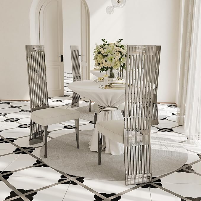 White and Silver Dining Chairs Set of 2, Upholstered High Back Dining Chairs with Mirrored Stainless Steel Backrest and Legs, Modern Luxury Dining Room Chair for Kitchen Living Room Restaurant