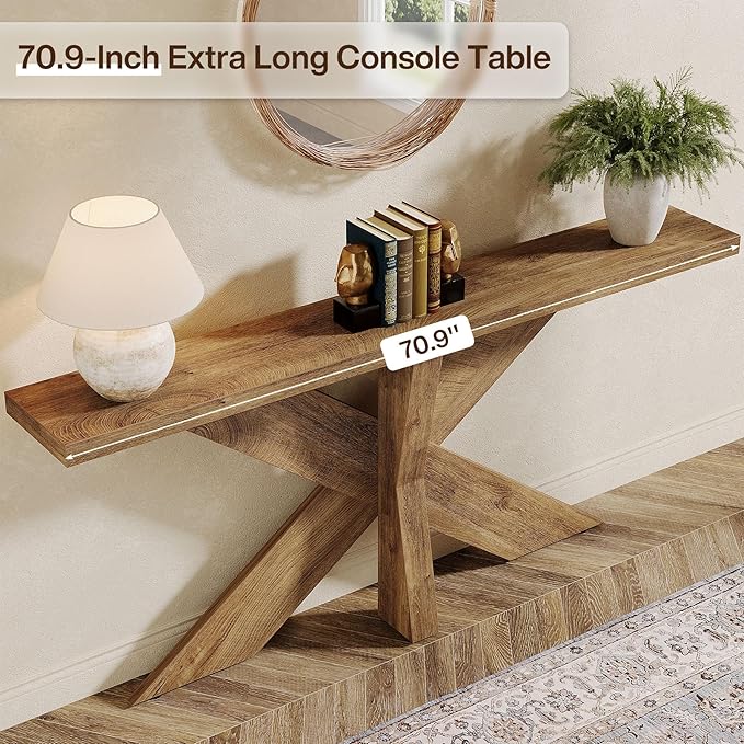Tribesigns 70.9 Inches Long Sofa Table Behind Couch, Farmhouse Console Entry Table with Wooden Geometric Base for Entryway, Living Room, Oak Brown