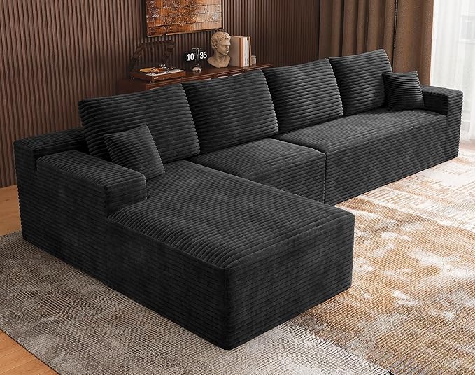 3-Piece Boneless Modular Sectional Sofa, Cloud Couch with Left Facing Chaise, Oversized Deep Seat, Soft Corduroy Fabric, Sectional Couch for Living Room-Black